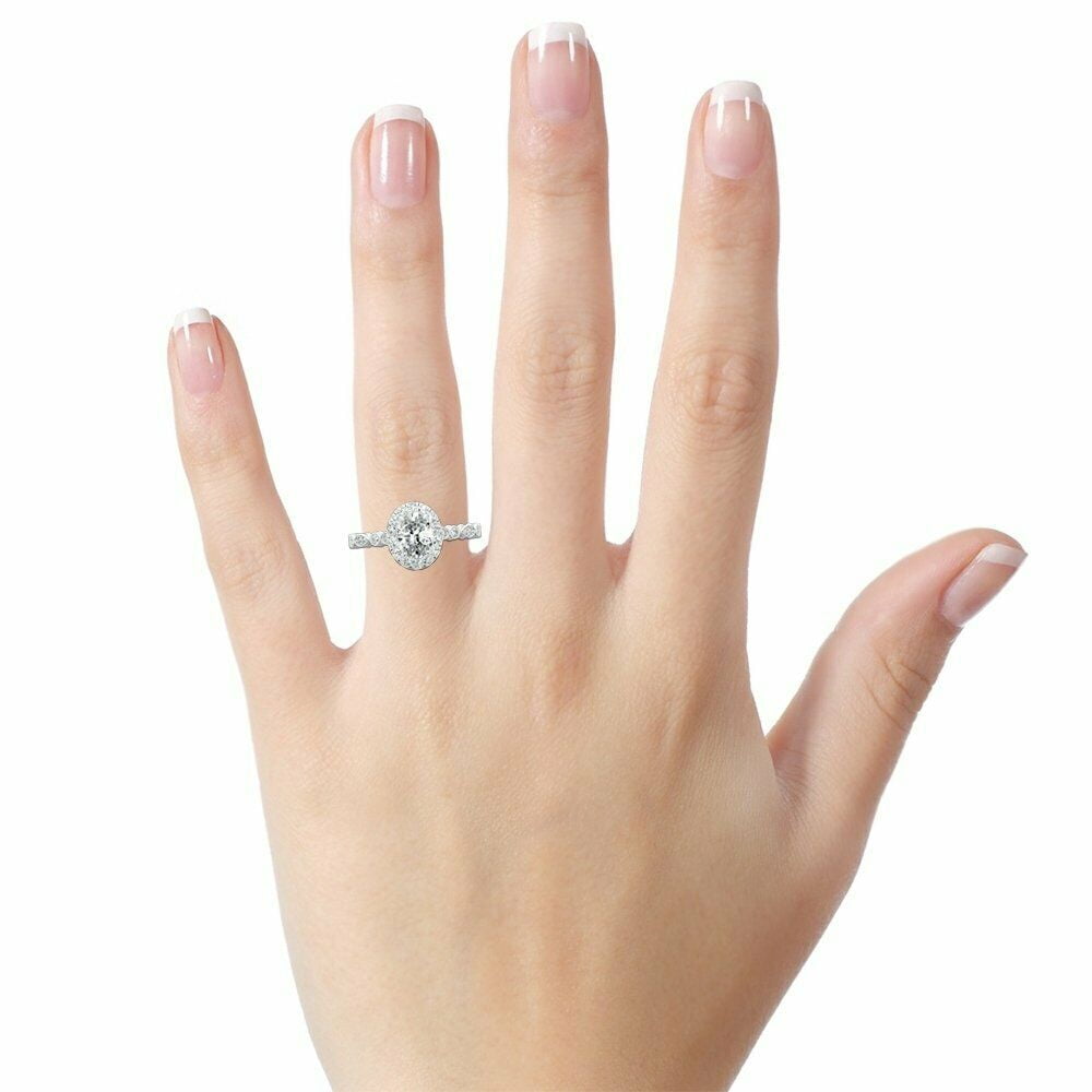 HeartsAndYou 2ct Oval Cut Moissanite Milgrain Vintage Inspired Engagement Ring for Women 18k White Gold over Silver Stylish