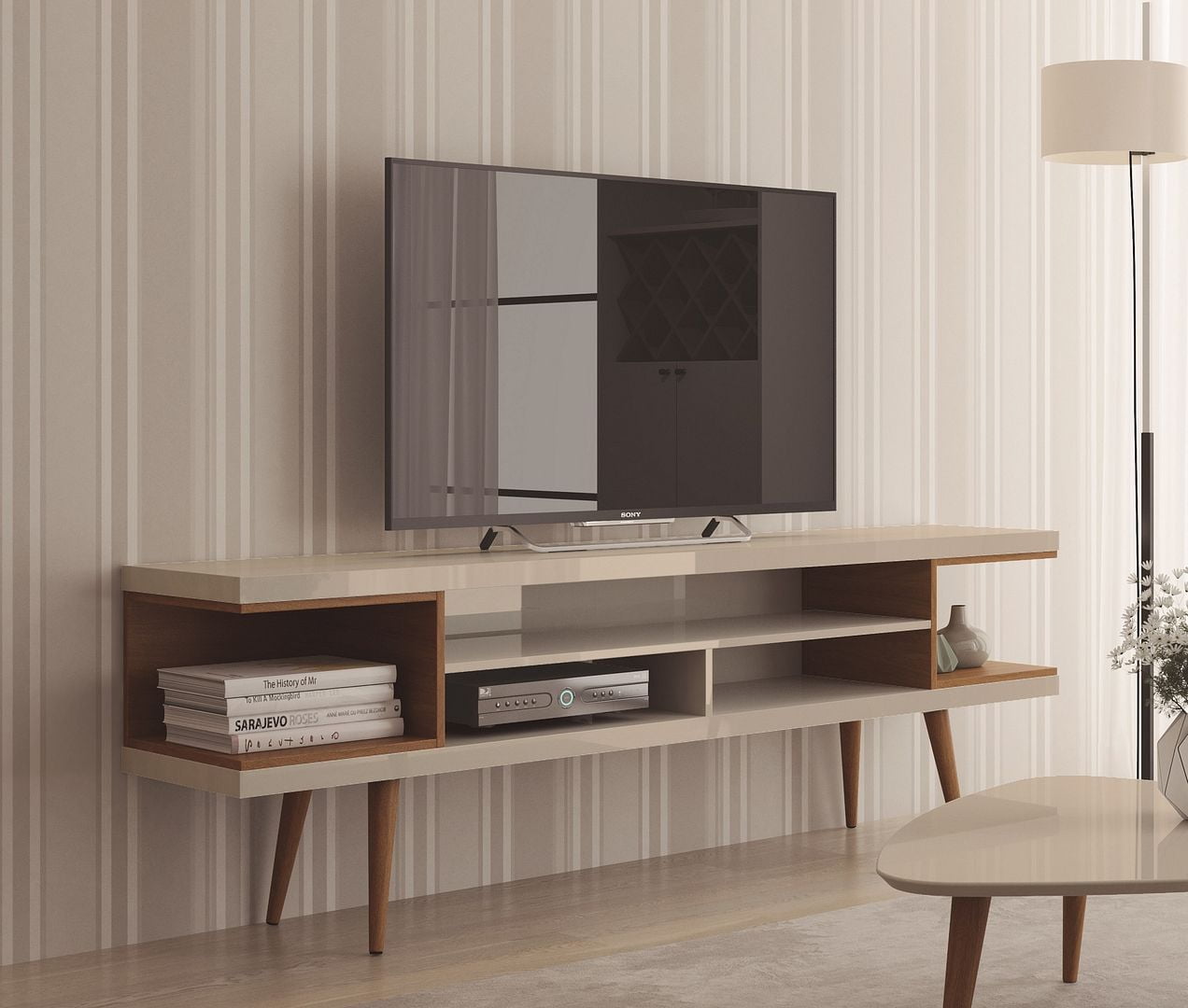 Utopia 70.47″ TV Stand with Splayed Wooden Legs and 4 Shelves Sansujyuku sansujyuku.com