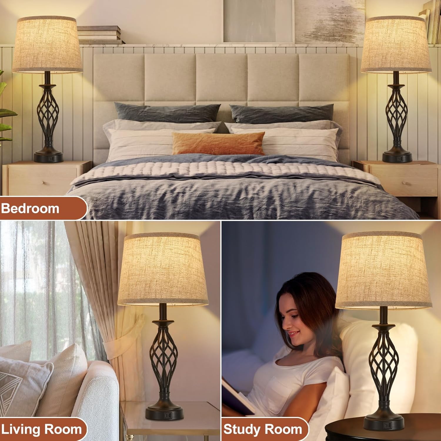 NATYSWAN Table Lamps Set of 2 with USB C+A Ports, Modern Bedside Lamps with Spiral Cage Base, Fabric Shade, Nightstand Lamp for Living Room Bedroom