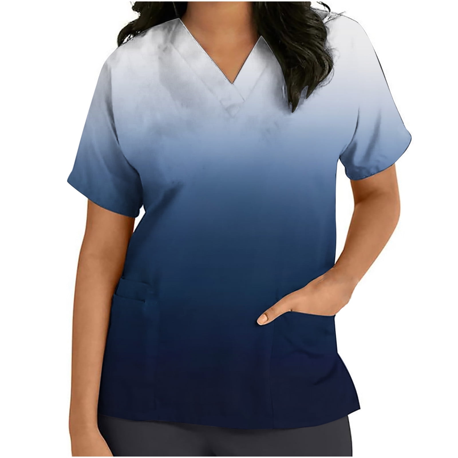 Women Short Sleeve V-neck Tops Working Nursing Scrub Uniform Print Pocket Blouse