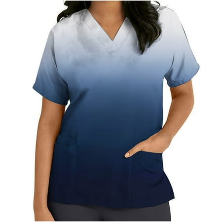 

Honeeladyy Clearance under 5$ Womens Scrub Tops Gradient Working Uniform T-Shirt Cute Scrub_top Short Sleeve V-Neck Tops with Pockets Nursing Tops Navy