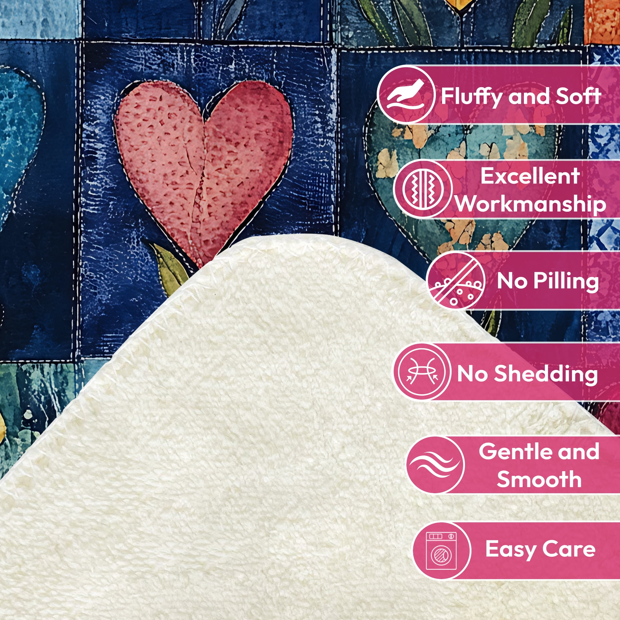Sherpa Fleece Throw Blanket 40"x 50" Reversible Plush Fluffy Blanket, Double-Layer Super Soft Flannel Blanket for Sofa, Couch, Bed, Patchwork Floral & Heart Pattern