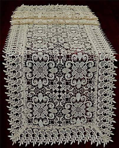 White Vintage Lace Table Runner Hand Crochet Dresser Scarf Oval Wedding 11"x35" 
