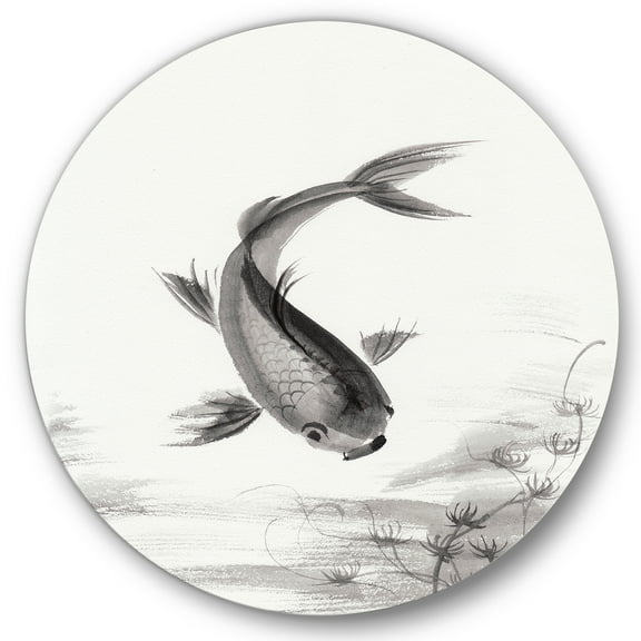 Designart 'Black and White Vintage Fish I' Nautical & Coastal Circle Metal Wall Art 36x36 - Disc of 36
