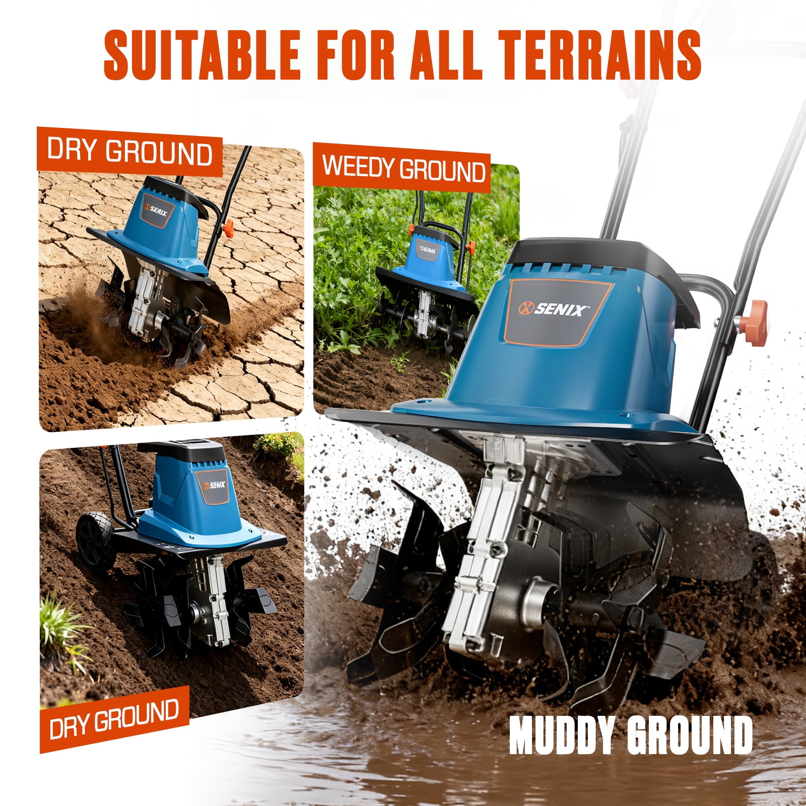 SENIX 8Amp Electric Garden Tiller/Cultivator with 15” Tilling Width and 8” Tilling Depth, 4 Steel Tines,Foldable Handle, TLEO8-L1
