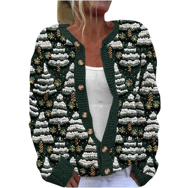 Mgmyaa Cardigan pour Femmes, Manches Longues, Veste Décontractée en Tricot avec Imprimé de Noël