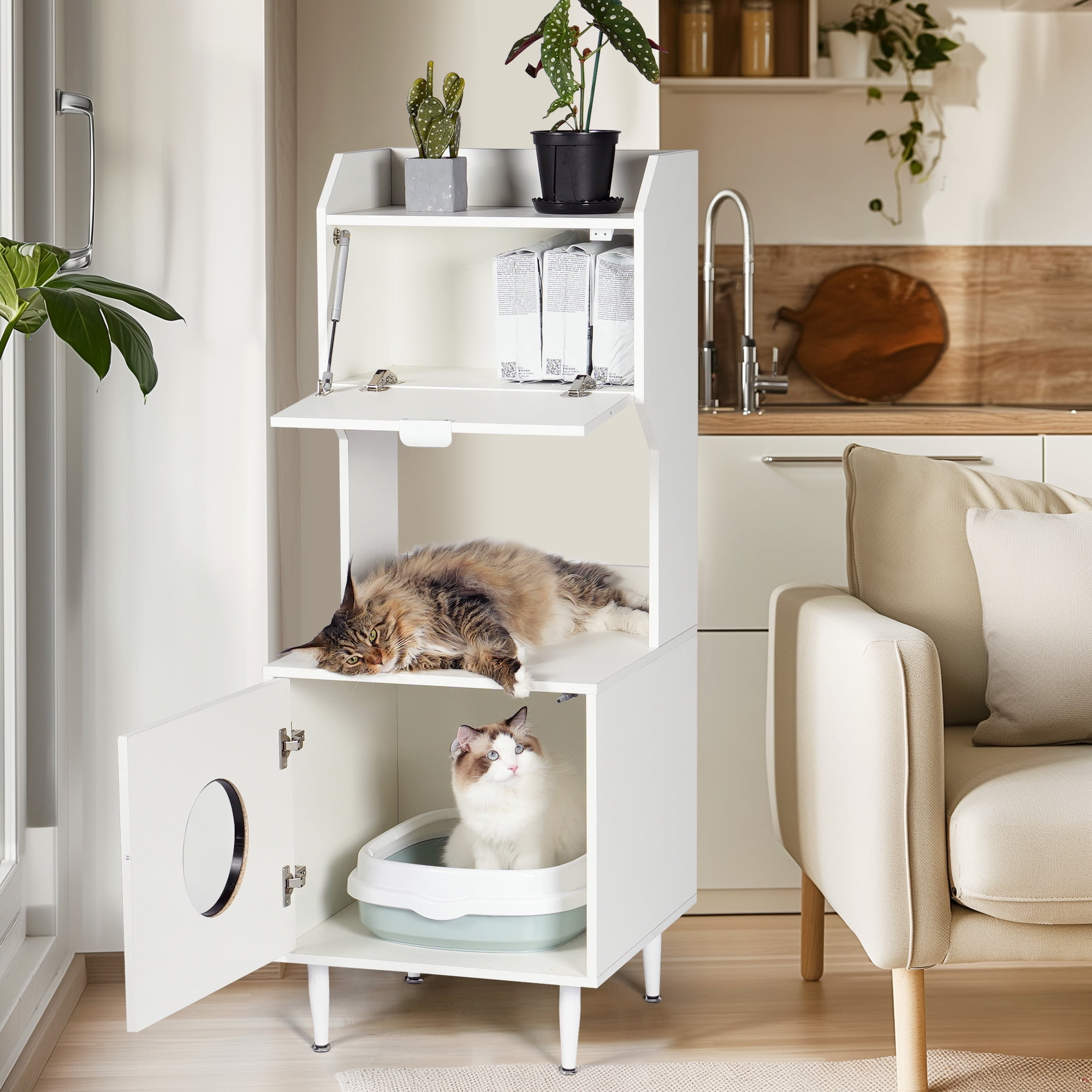 Kadyn 53" Wooden Cat Litter Box Enclosure Furniture with Shelves, Large Hidden Litter Box Cat House Washroom, White
