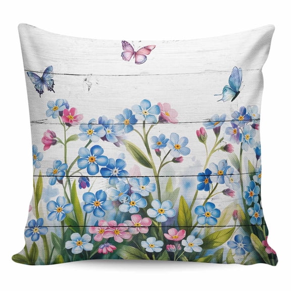 Blue Spring Floral Pillow Covers 26x26 Inch Decorative Throw Pillow Cover, Pink Flowers Butterfly Wooden Watercolor Sofa Pillowcases Accent Cushion Case Home Decor Bedroom Living Room