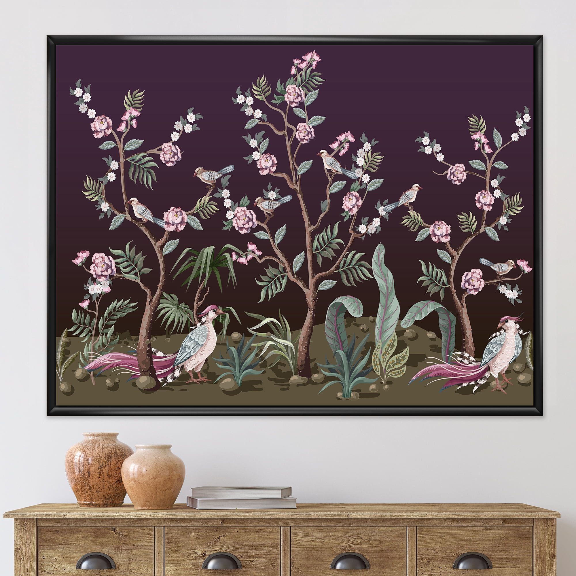 Designart 'Chinoiserie With Peonies and Birds I' Traditional Framed Canvas Wall Art Print