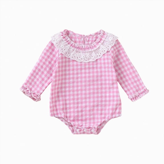 Newborn Baby Girl Fall Outfit Plaid Bubble Romper Long Sleeve Bodysuit