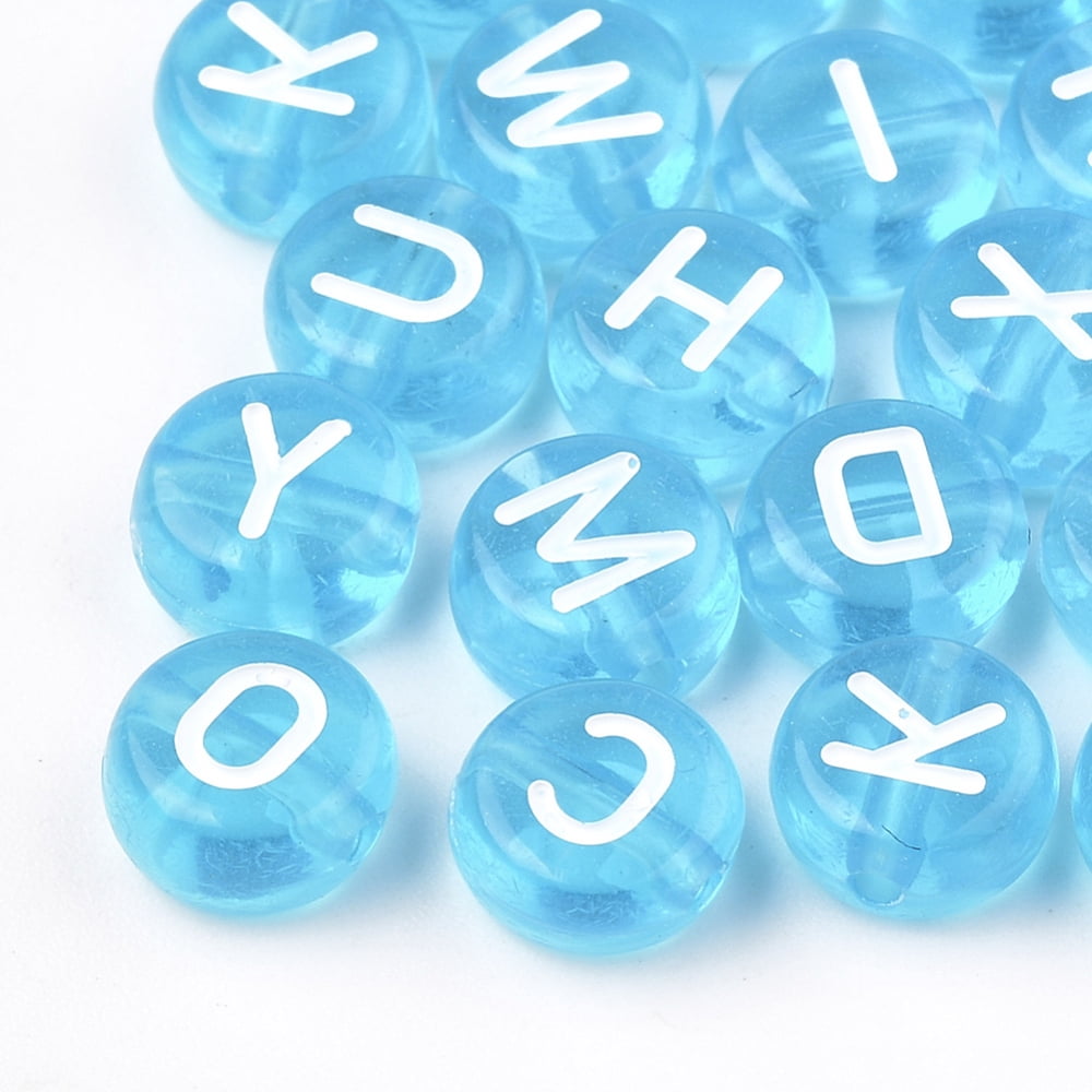 500gs Transparent Acrylic Beads Horizontal Hole Mixed Letters Flat Round Deep Sky Blue 7x4mm Hole: 1.5mm about 3700pcs/500g