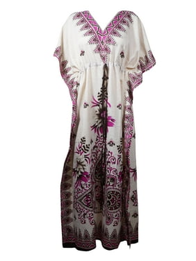 Mogul Women Beige,Pink Kaftan Maxi Dress, Bohemian Kaftan, Printed Kaftan, Summer Resort Wear, Beachwear Long Caftan One Size