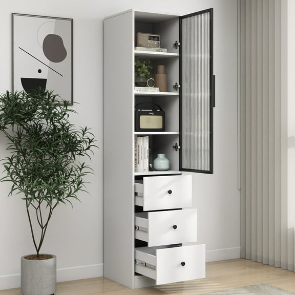 Elegant White Storage Cabinet – Modern Tall Organizer With Glass Doors And Drawers For Kitchen Living Room Bedroom