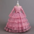 thumbnail image 6 of ZHOGXU Kids Elegant Girls Princess Dress Lightweight Mesh Layered Gown With Long Sleeve Soft Satin Bow Belt Birthday Party Outfit, 6 of 9