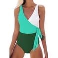 thumbnail image 1 of Maillot de Bain une Pièce pour Femmes, Enveloppant, à Blocs de Couleur, à Nouer sur le Côté, Vert Blanc, m, 1 of 6