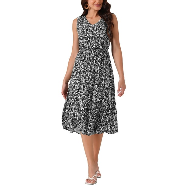 Vestido de verano bohemio para mujer Inspire Chic, con escote en V, estampado floral, midi en capas, casual, negro, talla XL