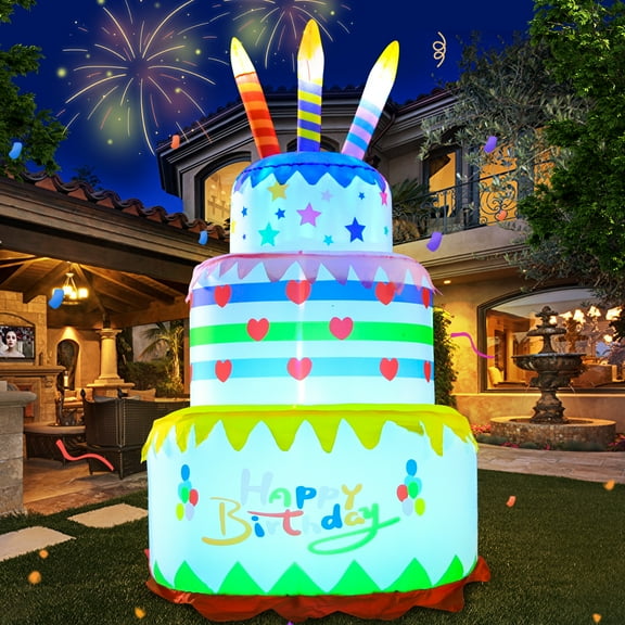 DomKom [New] 6FT Inflatables Birthday Cake Outdoor Decorations with Candles,Build-in LED Magic Lights, for Happy Birthday Party Outdoor,Indoor,Garden Yard Lawn Decor
