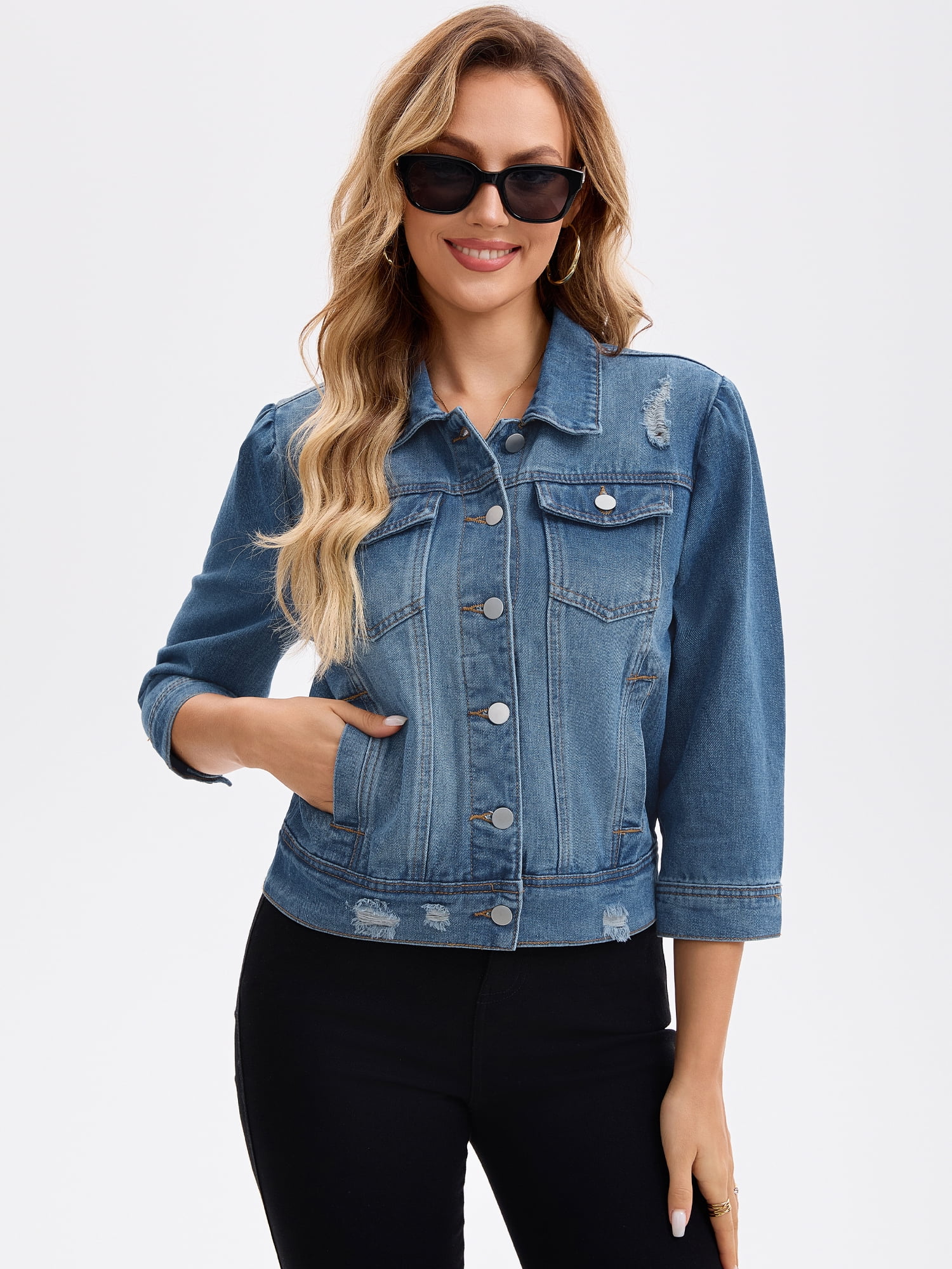 DARING DIVA Women's Cropped 3/4 Sleeve Button Down Washed Denim Jacket 2XL Dark Blue