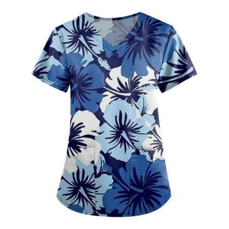 

XHJUN Womens Scrub Tops Clearance Active Stretch Women s Mixed Floral Pewter Print Scrub Top Blue S