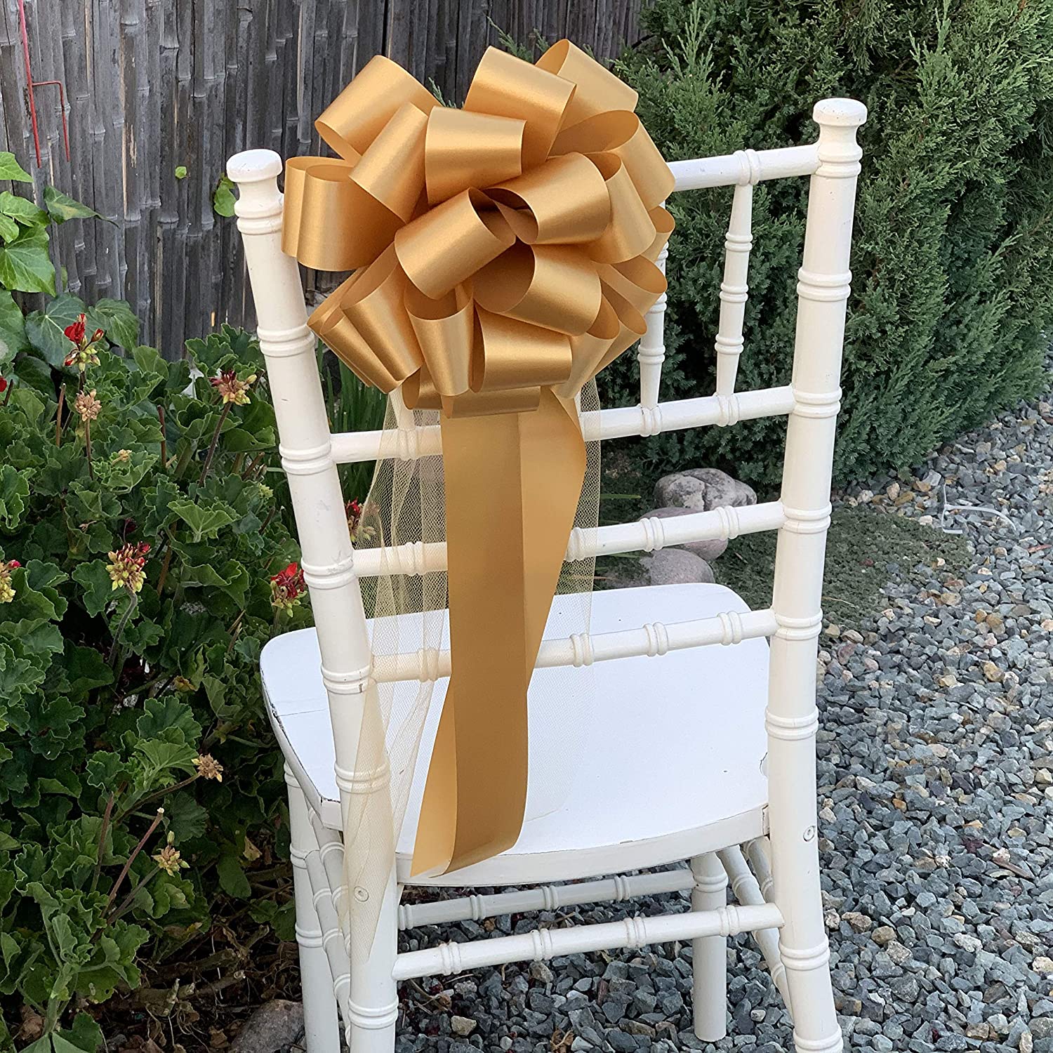 Large Gold Wedding Pull Bows with Long Tulle Tails - 9" Wide, Set of 6, Wedding, Aisle Decor, Thanksgiving, Reception, Christmas, Anniversary