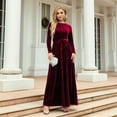 thumbnail image 2 of Women'S Elegant Velvet Belted Pleated Long Sleeve Party Formal Wedding Guest A-Line Maxi Long Dress Dark Red L, 2 of 7