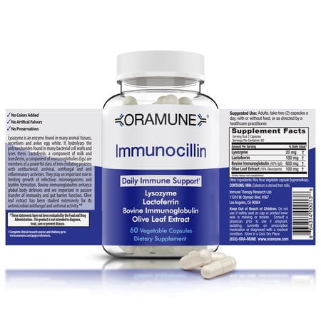Oramune Immunocillin Daily Immune Support – Supports Immune, Digestive, and Gut Health with Lysozyme, Lactoferrin, Bovine Immunoglobulin, and Olive Leaf Extract – 60 Unflavored Capsules