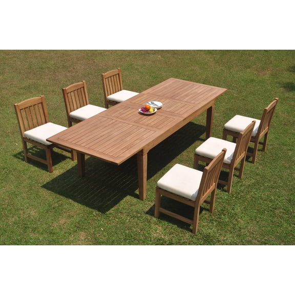 Grade-A Teak Dining Set: 6 Seater 7 Pc: 122" Caranas Double Extension Rectangle Table And 6 Devon Armless Chairs Outdoor WholesaleTeak #WMDV53