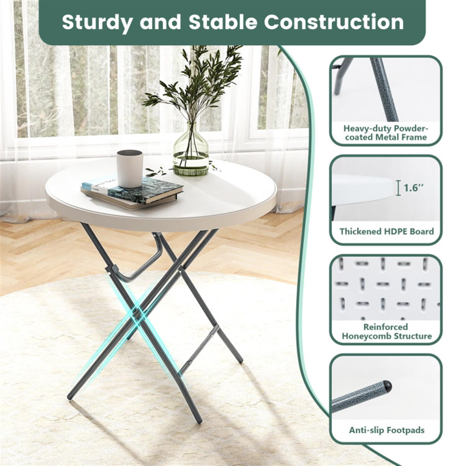 Demi Bonn 32" Round Folding Table with Thick Tabletop for Picnic fordoor Outdoor, Portable Plastic Dining Party Camping Table, White