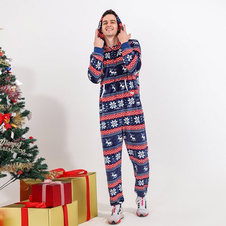 

LINMOUA Men Dad Father Christmas Print Family Hooded One-Piece Pajamas Jumpsuit Pajamas