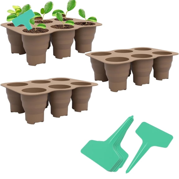 3 Pack Silicone Seed Starter Tray, with Outdoor Plant Labels, 6 Large Cells Reusable Microgreens Growing Trays, Flexible Seedling Germination Cup for Indoor Plant Propagation