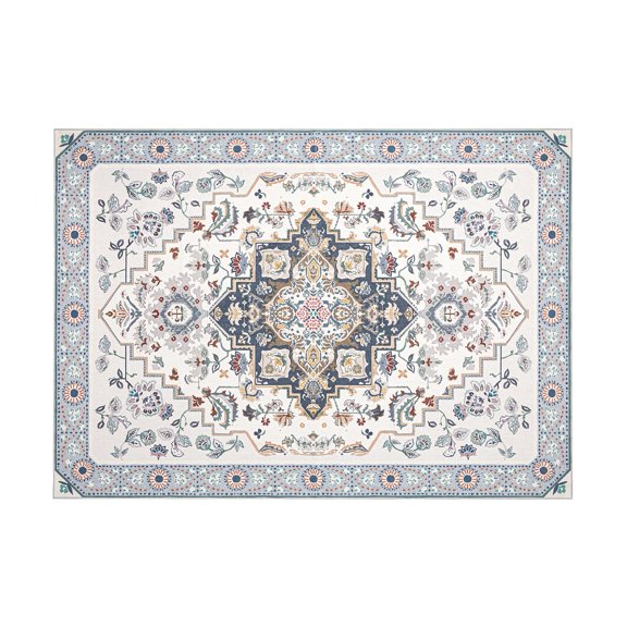 Vintage Ethnic Area Rugs, Classical Badge Washable Non-Slip Rug for Bedroom, Dining Room, Living Room, 5 x 7 ft, Blue, 1 Pack