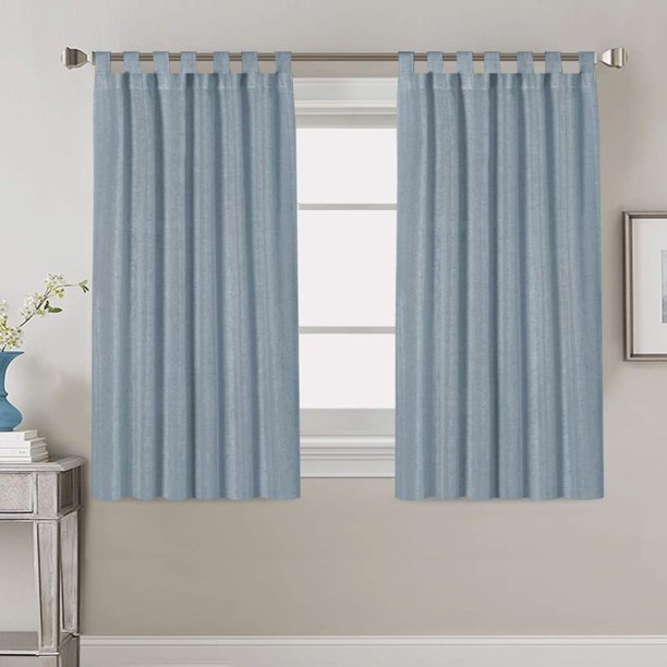 Cortinas ventiladas con mezcla de lino natural con pestaña superior para sala de estar, decoración del hogar, material suave y rico, paneles de cortina reductores de luz para dormitorio, juego de 2, 52 x 84 pulgadas, patrón natural, azul piedra, 52 pulgadas de ancho x 45 pulgadas de largo