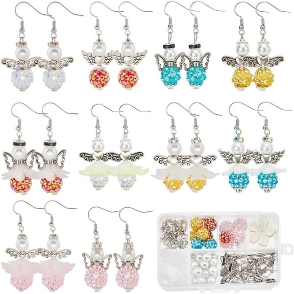 1 Box 10 Pairs Christmas Earrings Kit Angel Wing Charms Wings Charms Butterfly Wing Beads Guardian Angel Beads Round Flower Acrylic Bead Kits DIY Dangle Earrings Supplies