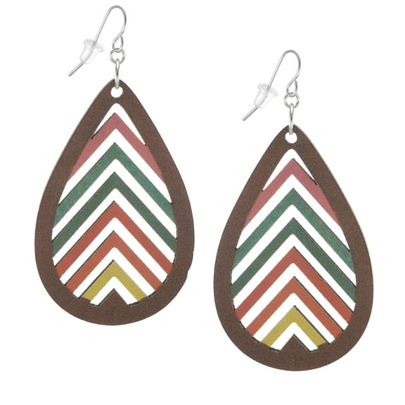 Multi Color Chevron Wood Teardrop Boho Earrings, Platinum Ear Wires