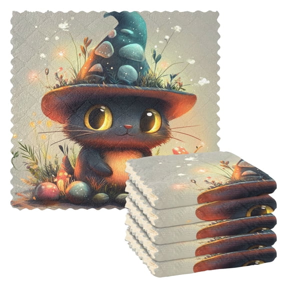 6 Pieces of Kitchen Towels 11x11Inch Kitchen Dish Cloths Kitchen Dish Towels Reuseable Cleaning Cloths Black Hat Cat