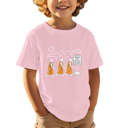 WEIGFI Kid Toddler Boys Tee Cartoon Graphic Print Summer Casual Short Sleeve Everyday Play School Wear Crew Neck Cozy Beach Tops Light Pink 13-14 Years