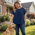 thumbnail image 2 of Agnes Orinda Women's Plus Size Tops Chiffon Swiss Dots Short Sleeves Lace Crochet Pleated Blouse 1X Dark Blue, 2 of 8