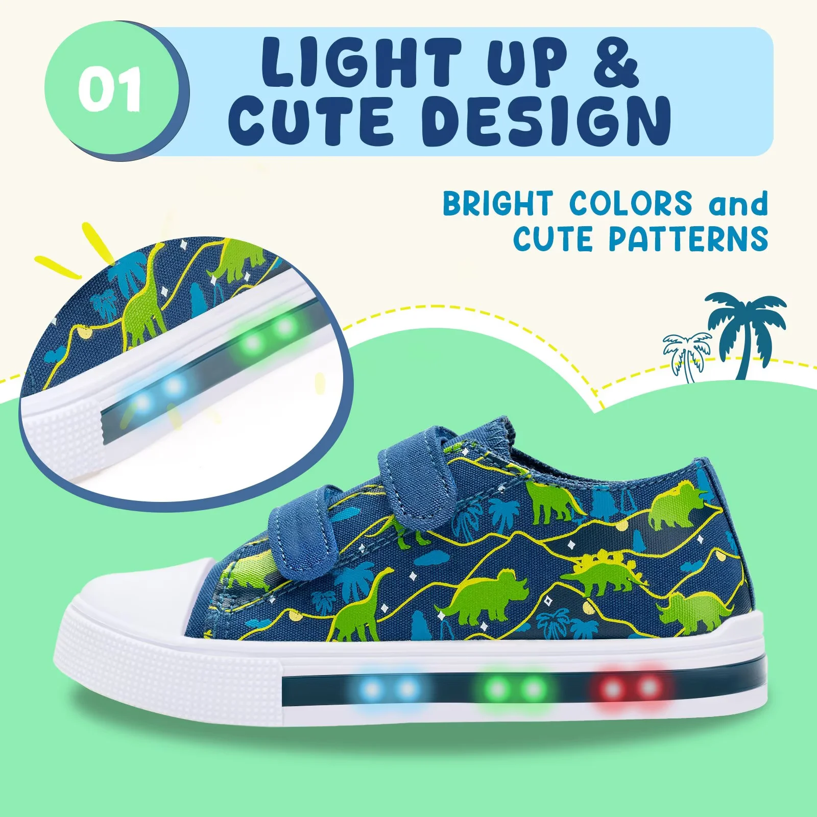 FUNCOO PLUS Kids Light-Up Canvas Sneakers, Dinosaur & Coconut photo 2