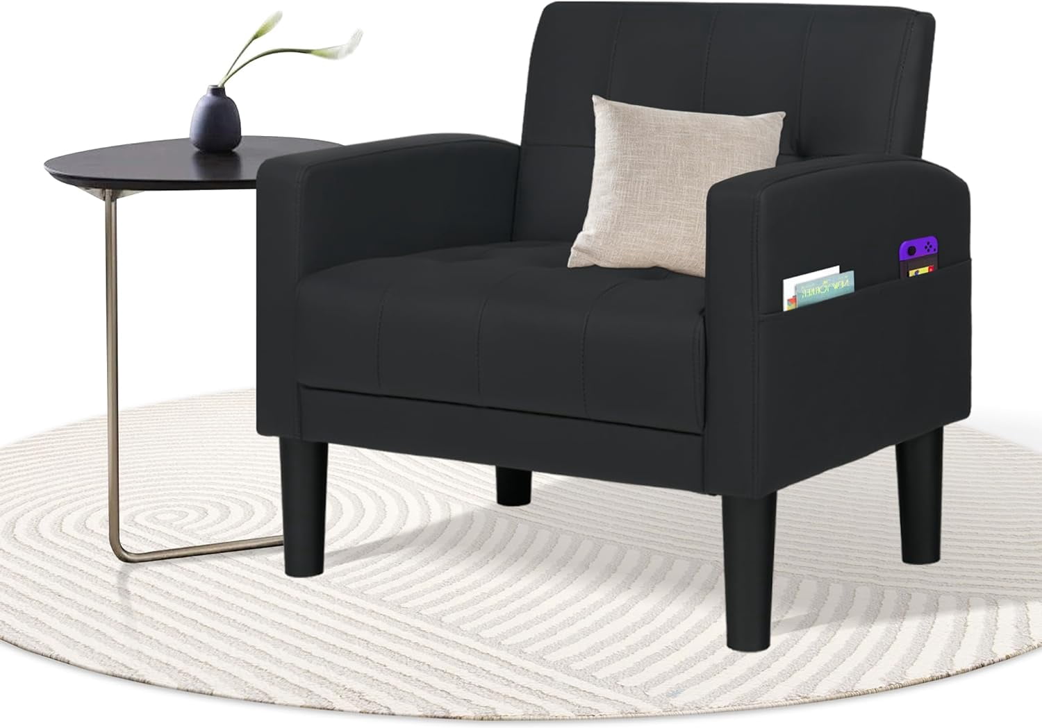 Coewske Faux Leather Modern Accent Chair Tufted Cozy Single Sofa Chair Armchair w/ Side Pocket Black