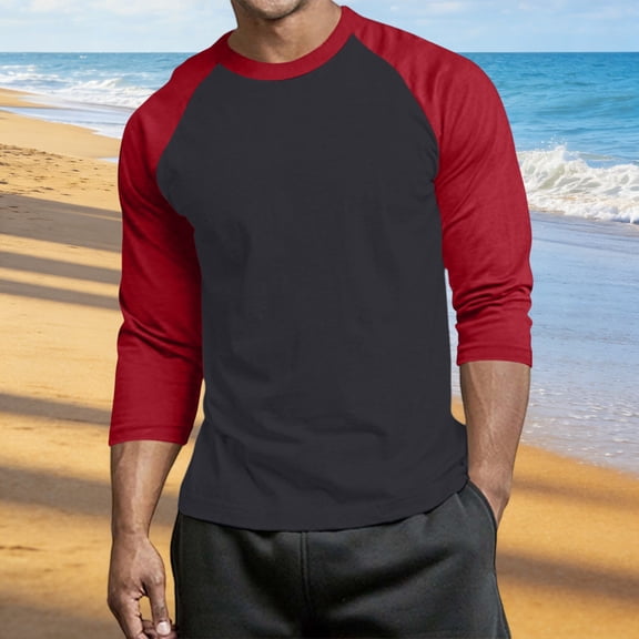 Mens T Shirts Cotton Long Sleeve Mens Tops Casual Summer Grandad T-Shirt Wine XXL