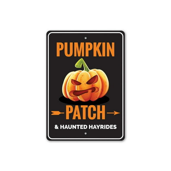 Pumpkin Patch and Haunted Hayrides, Angry Pumpkin Halloween Sign, Directional Arrow Aluminum Sign - 4x18 inches