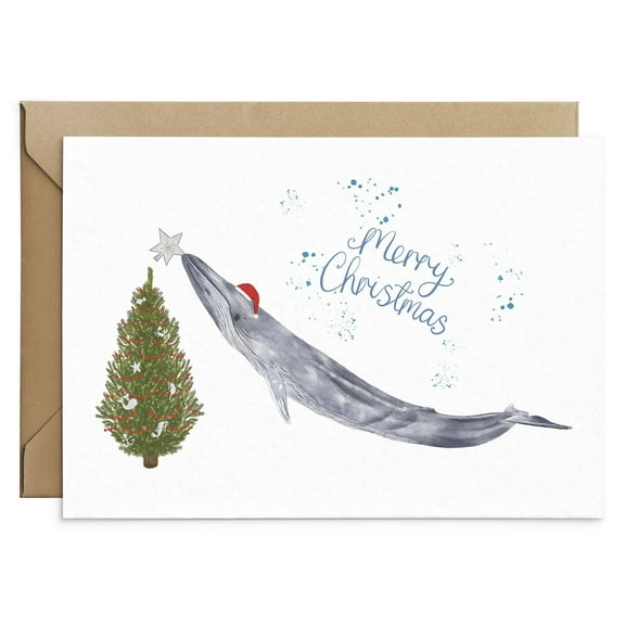 Merry Christmas Whale Card – Unique Holiday Greeting Card with Christmas Tree Design – Blank Inside for Personal Messages – Envelop Included