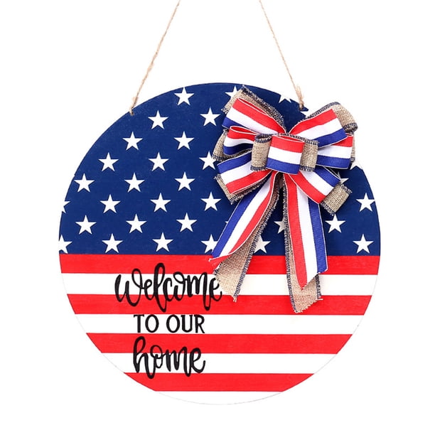 Señal de bienvenida para puerta del 4 de julio, decoración del día de la independencia, placa de puerta redonda, percha de madera, bandera americana patriótica para puerta de entrada, porche, pared,