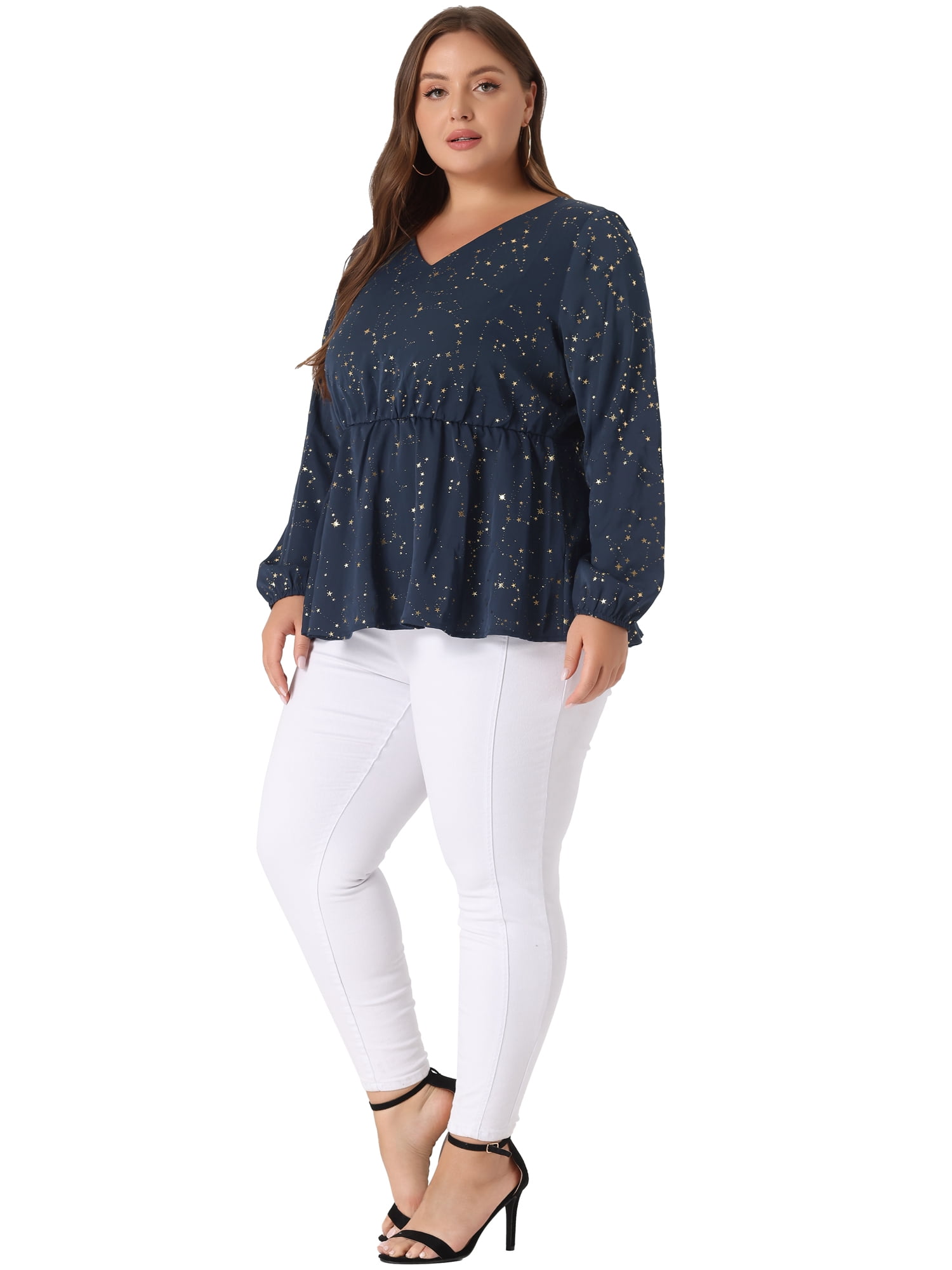DARING DIVA Women's Plus V Neck Peplum Top Ruffled Elastic Waist Blouse 1X Navy Blue