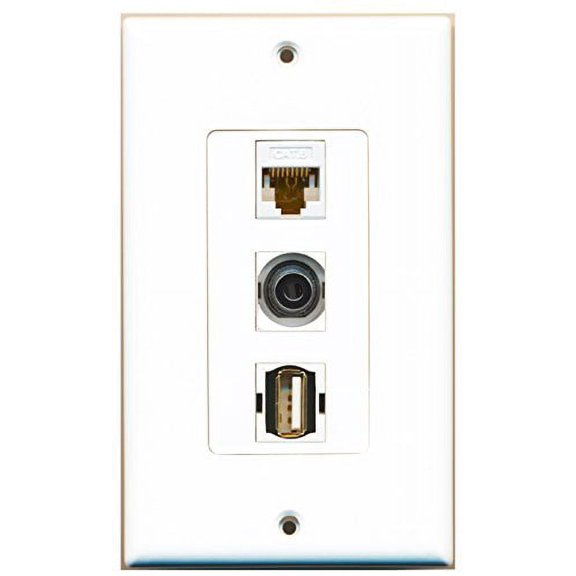 RiteAV - 1 Port USB A-A and 1 Port 3.5mm and 1 Port Cat6 Ethernet White Decorative Wall Plate Decorative