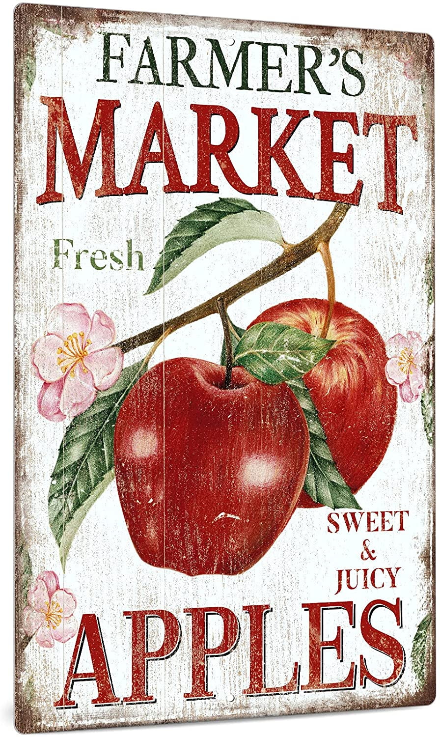 Farmers Market Fresh Apples 12" Bottle Cap Metal Sign Rustic Retro Kitchen Decor 