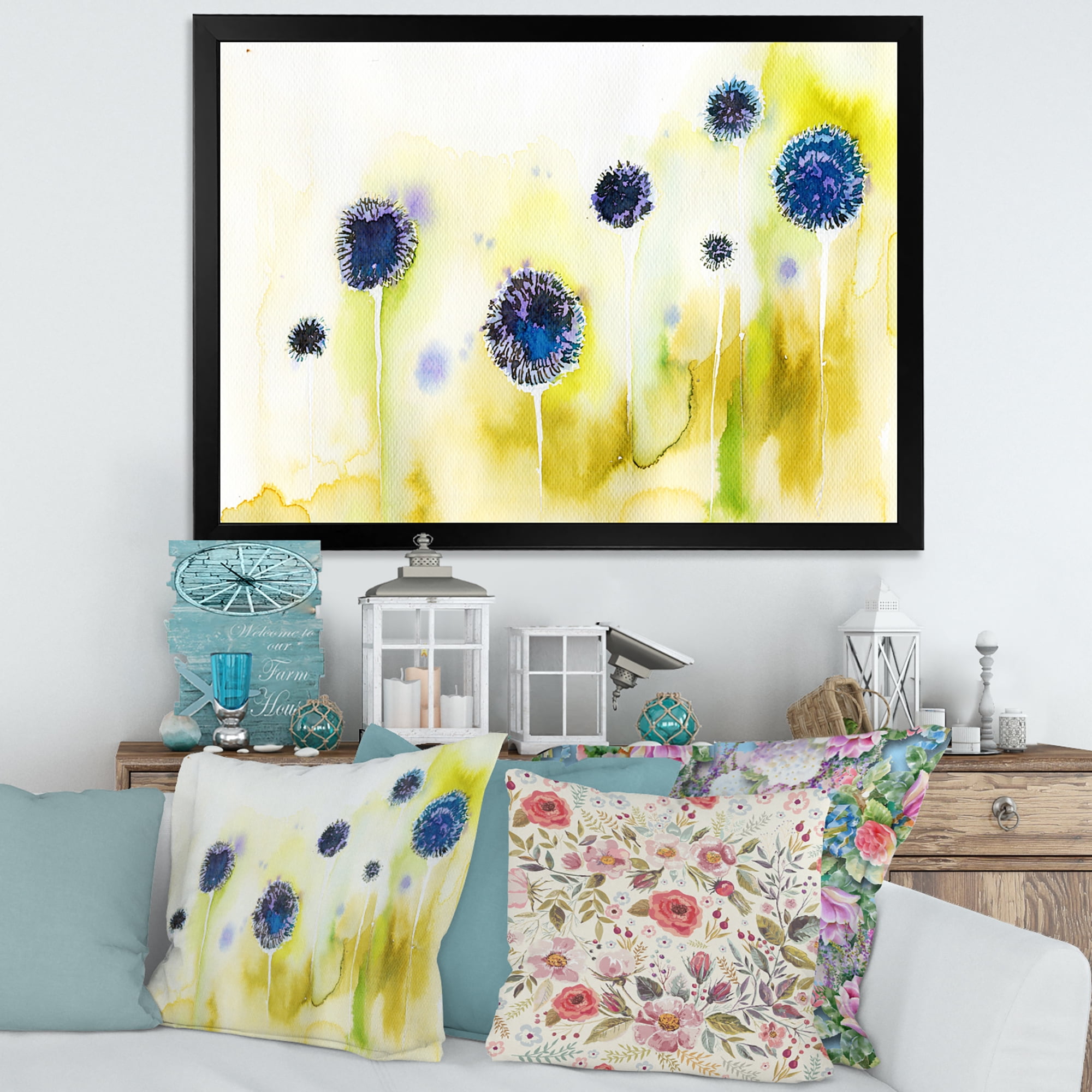 Designart 'Abstract Blue Flowers In The Meadow' Traditional Framed Art Print