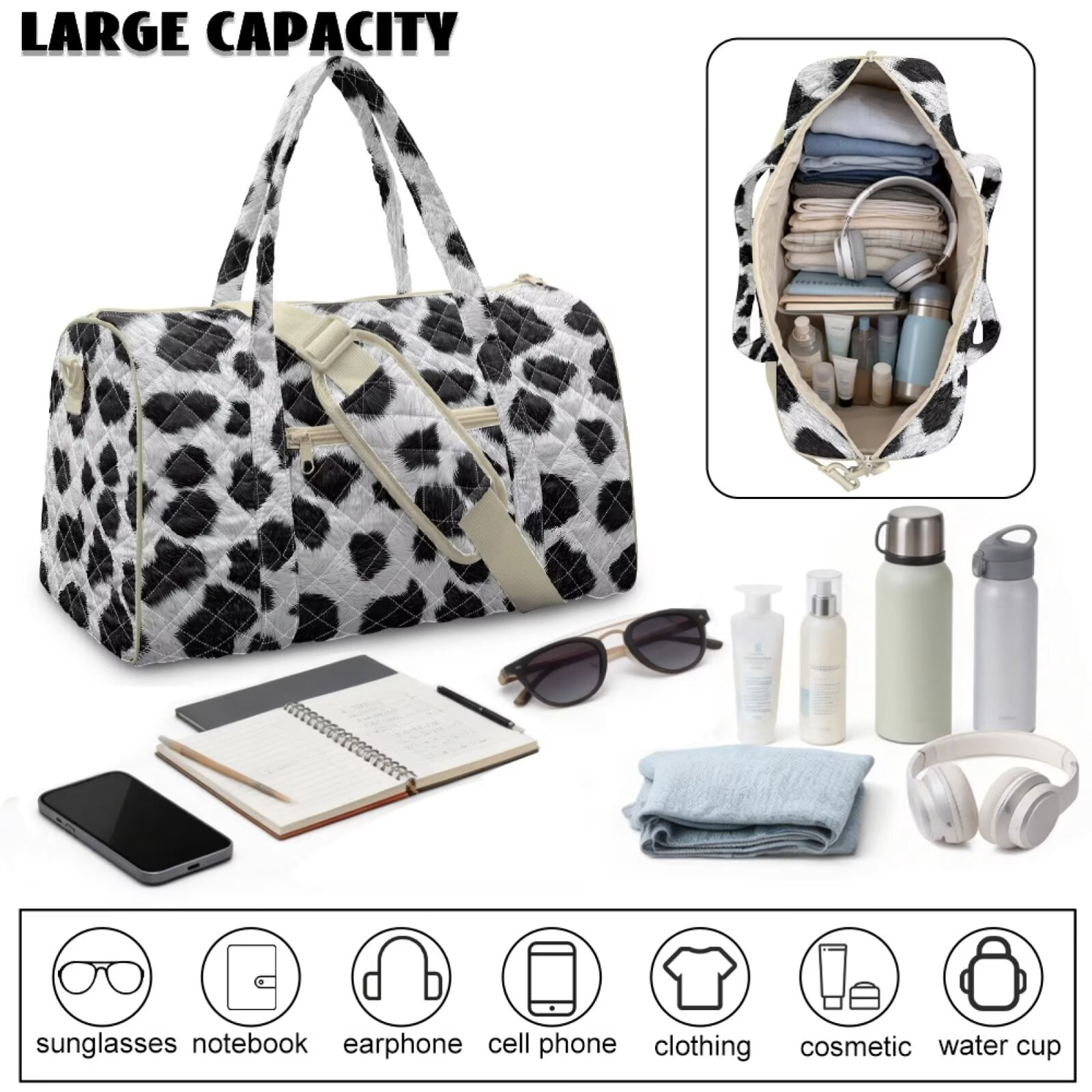 Chririnla Large Luggage Bag Travel Duffel Bags with Large Capacity & Separate Compartment for Airplanes, Classic Cow Pattern
