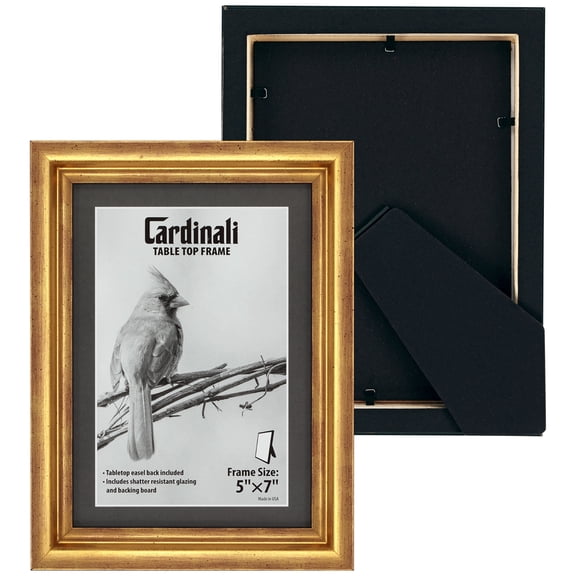 Cardinali Madden Tabletop Gold Frame, 3 Pack, 5x7" Picture Frame for Desk & Mantel Decor, Hand Leafed Finish, Easel Back for Vertical or Horizontal Display, Shatter-Resistant Acrylic Glazing, Made in