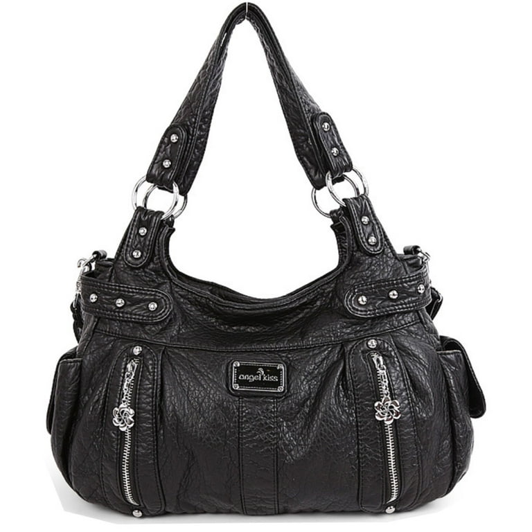 Double Compartments Washed Leather Purse Soft Leather Shoulder Bag Crossbody Bag Black